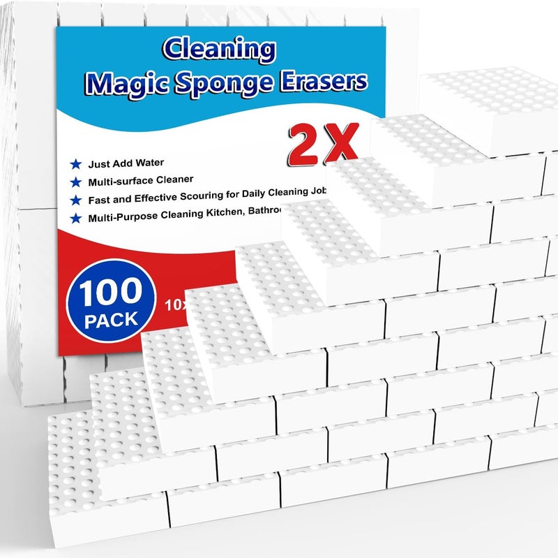 SmilinFit Magic Sponge Erasers, 100 Pack 2X Density Stronger Melamine Sponge Foam Pads, Multi-Functional Household Cleaning Cleaner for Kitchen, Bathroom, Bathtub, Sink, Wall Cleaner - Image 1